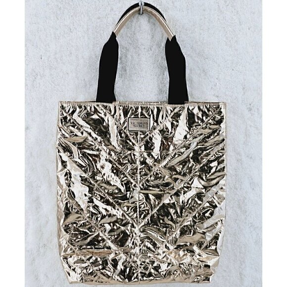 Victoria's Secret Handbags - Victoria's Secret Metallic Rose Gold Chevron Tote Weekender Shopper Bag